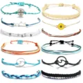 Handmade woven rope bracelets set with compass and sunflower charms for women beach. - Compass Mountain Sunflower Set (15)