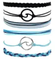 Set of six braided surf string bracelets with stylish wave charms in black and blue tones. - Blue and White Wave Woven Set (16)