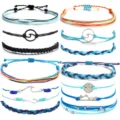 Handmade woven rope bracelets set with wave and mountain charms, beach surf style jewelry. - Blue Orange Compass Mountain Set (17)