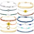 Handmade Woven Bracelets Assorted Styles Surfing Beach Cord Multi-Pack Bracelet Set - Sunflower and Fishhook Charm Set (19)