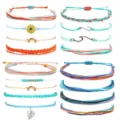 Handmade braided rope bracelet set, colorful string wave and sunflower charms for women. - Wave Sunflower Woven Bracelet Set (21) / Colorful