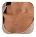 Gold Cross Pendant Necklace with Purple Birthstone Elegant Women Clavicle Chain Jewelry - February - Gold