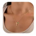 Gold-tone cross necklace with a green birthstone pendant, elegant fashion clavicle chain. - May - Gold