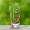 Hand-painted glass water cup with goldfish and lotus design, clear cloud shaped rim. - Yuyue Series Clover Single Cup / 160ml