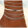 Silver layered anklets set featuring multi styles like cuban and rope chain for women. - Silver Five-Layer Cuban Paperclip Chain Set (sc1231004251259) / Silver Style 4 (sc1231004251259)