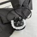 Korean cute mini polka dot lace bow crossbody bag for women sweet princess style chic - Black