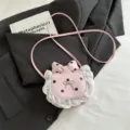 Korean cute mini pink polka dot lace bow crossbody bag for women, sweet style shoulder bag. - Pink with Black Dots