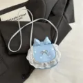 Korean sweet mini crossbody bag with white polka dots, cute lace trim and bow accent. - Blue with White Dots