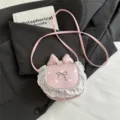 Cute pink polka dot mini shoulder bag with lace trim and bow for women and girls daily wear. - Pink with White Dots