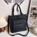 Black star print canvas tote bag, stylish large capacity shoulder bag for daily commuting. - Star Print Style (Without Pendant) / Black