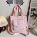 Pink star pattern canvas tote bag with front pocket, large capacity shoulder bag for commuting. - Star Print Style (Without Pendant) / Pink