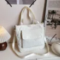 White corduroy tote bag casual shoulder bag large capacity crossbody handbag for women - Corduroy Style (Without Pendant) / White