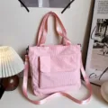Pink corduroy tote bag for women, large capacity shoulder handbag with front pocket casual daily use. - Corduroy Style (Without Pendant) / Pink