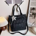 Black tote bag with silver star print, stylish large capacity commuting handbag for women. - Star Print Style (With Pendant) / Black