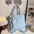 Light blue star print tote bag, casual canvas shoulder handbag for daily commute and students. - Star Print Style (With Pendant) / Blue