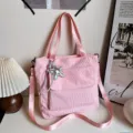 Pink corduroy tote bag for women, large capacity casual crossbody handbag with star pendant. - Corduroy Style (With Pendant) / Pink