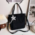 Black corduroy tote bag with star pendant, casual shoulder bag for women daily commute. - Corduroy Style (With Pendant) / Black