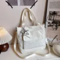Stylish white corduroy crossbody tote bag with star pendant, casual large capacity handbag. - Corduroy Style (With Pendant) / White