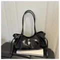 Black patent leather retro shoulder bag, large capacity stylish casual handbag for women. - Black