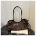 Brown patent leather shoulder bag, vintage ruched baguette tote for women daily commute. - Coffee