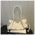 White patent leather shoulder bag for women, trendy ruched hobo handbag for daily commute. - White
