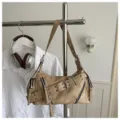Retro motorcycle shoulder bag for women, vintage PU leather crossbody tote with cool buckles. - Khaki