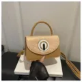 Stylish beige PU leather shoulder bag with textured flap and chic round metal clasp for women - Gold