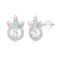 Orecchini a lobo unicorno lettera S in argento con zirconi cubici lucidi e graziosi fiori smaltati. - Lettera A Stile Unicorno / Argento