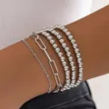 Silver layered bracelet set, minimalist multi-strand beaded stretch chain for women. - Combination Multi-layer Set Style (15) / Silver