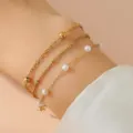 Multi-layer gold chain bracelet with pearls and metal beads variant for women fashion jewelry. - Multi-layer Chain Artificial Pearl Stacking Style (17) / Gold with White