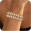 Gold and pearl beaded elastic bracelet multi-layer stackable fashion women jewelry piece - Gold Bead and Artificial Pearl Multi-layer Stacking Set (39) / Layered Set / Gold with White