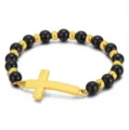 Gold cross beaded bracelet for women, minimalist black and gold beaded stretch bracelet. - Cross Pendant Style (2) / Black & Gold