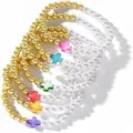 Colorful Cross Beaded Bracelet Set Gold White Pearl Elastic Fashion Jewelry Variant - Colorful Cross Artificial Pearl Style (6) / Gold with Multi-color