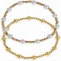 Elegant layered beaded stretch bracelets set featuring gold and pearl beads for women. - 3-Piece Beaded and Artificial Pearl Combo (9) / Gold with White
