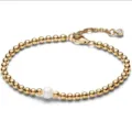 Gold beaded bracelet with central pearl, elegant metal ball chain variant for women's style - Single Artificial Pearl Gold Beaded Bracelet (34) / Gold