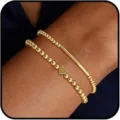 Gold beaded stretch bracelet set with heart charm and metal bar for women daily wear. - Heart and Metal Tube Double-Layer Style (48) / Two-Piece Set / Gold