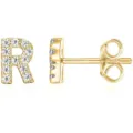 Eleganti orecchini a lobo con lettera R dorata decorati con zirconi brillanti. - Oro R