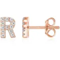 Orecchini a lobo con lettera R in oro rosa zircone alfabeto gioiello minimalista chic - Oro Rosa R