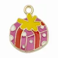 Pink enamel Christmas gift box charm pendant with gold loop for DIY jewelry making - Christmas Gift Box (15x18mm)