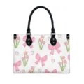 Women PU leather handbag with cute pink bow and tulip print, large capacity top handle bag - S / 29x20x12cm / Pink Bow Floral (V2STB-261)