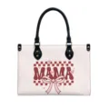 Fashionable women PU leather tote bag with MAMA retro print and bow, large capacity handbag. - S / 29x20x12cm / MAMA Bow Heart (V2STB-264)