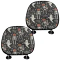 Halloween Ghost Pumpkin Car Headrest Cover Auto Seat Head Rest Protector Cushion - Black Full Wrap Halloween Print (qctzt0034) / 2 Pieces/Pack (23cmx25.5cm)