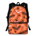 Halloween bat print student backpack casual polyester school bag with front pocket. - Halloween Orange Pumpkin Star Pattern (V30008) / 28.5cm*40cm*17cm