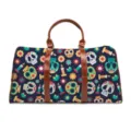 Fashion Halloween sugar skull travel duffel bag with brown leather handles and shoulder strap - Christmas Hat Black Cat Style (LXB-0005)