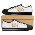 Damen Low-Top Leinen Sneaker mit Muttertag Blumen Print, laessige schwarze und weisse Schuhe. - 38 / Feiertagsgruß Druck (DF20042)