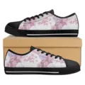 Muttertag Blumenprint Low Top Canvas Sneakers mit schwarzem Rand und bequemer Gummisohle. - 38 / Rosa-Weiß Blumen Druck (DF20015)