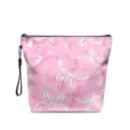 Bolsa cosmetica de cuero PU rosa con patron de mariposas, cremallera y correa para viajes de mujeres. - Estilo de Impresión de Mariposa Rosa (DHZB0040) / 22*10*25cm