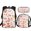 Bonito conjunto escolar tres piezas mochila bolsa de almuerzo estuche conejito fresa - Estampado Lindo de Conejo y Fresa (ACB-0052) / Set de tres piezas