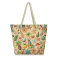Beach canvas shoulder bag with tropical fruit and starfish print, casual tote handbag. - White Coconut Tree Beach Landscape Style (STB-0060)
