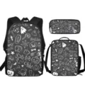 Lindo Halloween Fantasma 3 Piezas Mochila Conjunto Bolso Escolar Estuche para Niños - Estilo Graffiti De Halloween Negro / Mochila Y Bolsa De Almuerzo Y Estuche
